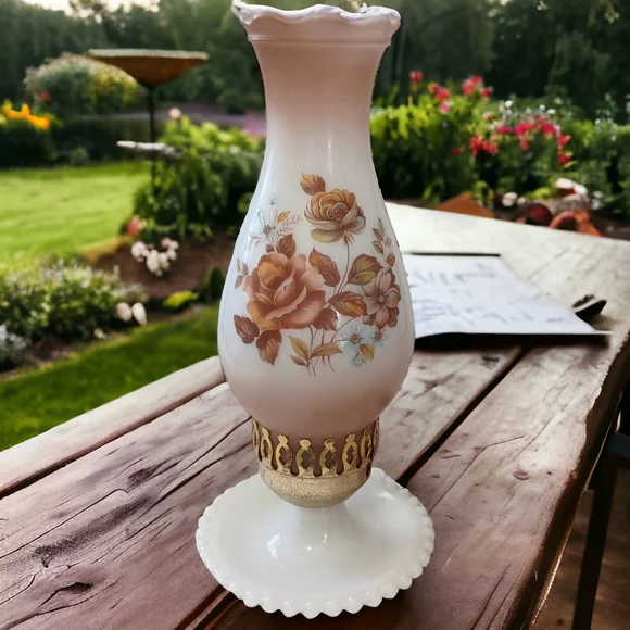 Milk Glass Hurricane Lamp Boudoir Bedside Table Light Floral Hobnail Edge Vtg. - Picture 1 of 16